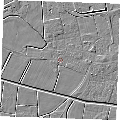 Shaded relief map of the ground around PE251PT, computed from Environment Agency LiDAR. The ground here sits at about 2 m above sea level and falls 4 m across the surrounding 800 m. Surface water reaching this point runs off ground lying to the south-west, 0.7 m higher.