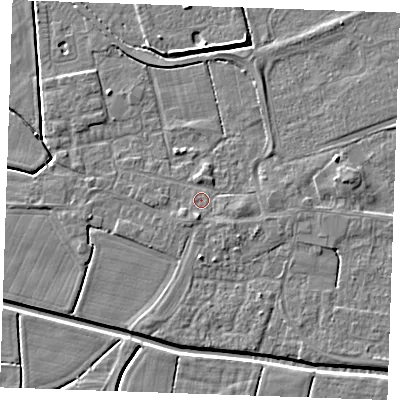 Shaded relief map of the ground around PE251PU, computed from Environment Agency LiDAR. The ground here sits at about 2 m above sea level and falls 4 m across the surrounding 800 m. Surface water reaching this point runs off ground lying to the south, 1.1 m higher.