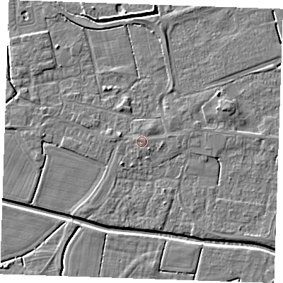 Shaded relief map of the ground around PE251PW, computed from Environment Agency LiDAR. The ground here sits at about 3 m above sea level and falls 4 m across the surrounding 800 m. Surface water reaching this point runs off ground lying to the north-north-west, 0.5 m higher.