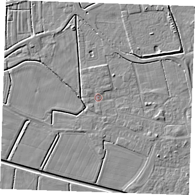 Shaded relief map of the ground around PE251QA, computed from Environment Agency LiDAR. The ground here sits at about 2 m above sea level and falls 4 m across the surrounding 800 m. Surface water reaching this point runs off ground lying to the north-north-east, 0.9 m higher.