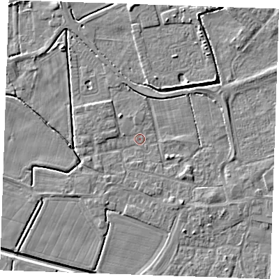 Shaded relief map of the ground around PE251QE, computed from Environment Agency LiDAR. The ground here sits at about 2 m above sea level and falls 4 m across the surrounding 800 m. Surface water reaching this point runs off ground lying to the south-east, 2.2 m higher.