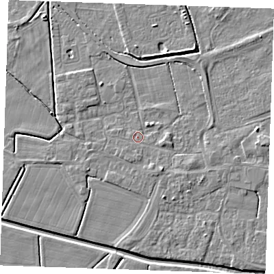 Shaded relief map of the ground around PE251QF, computed from Environment Agency LiDAR. The ground here sits at about 2 m above sea level and falls 4 m across the surrounding 800 m. Surface water reaching this point runs off ground lying to the south-east, 1.8 m higher.