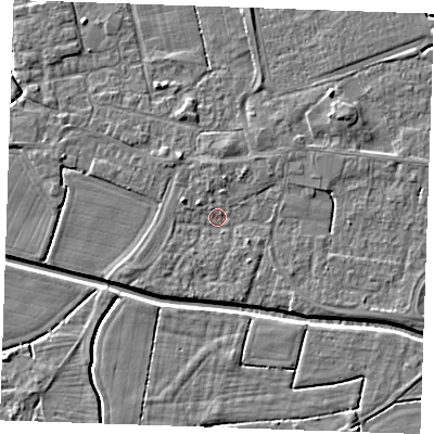 Shaded relief map of the ground around PE251QG, computed from Environment Agency LiDAR. The ground here sits at about 2 m above sea level and falls 4 m across the surrounding 800 m. Surface water reaching this point runs off ground lying to the west-north-west, 1.9 m higher.