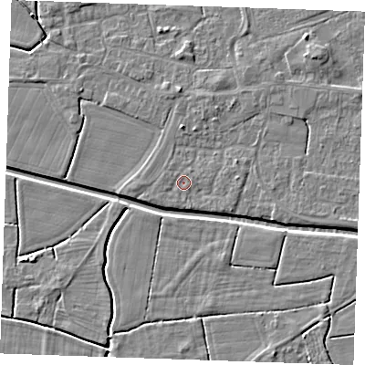 Shaded relief map of the ground around PE251QH, computed from Environment Agency LiDAR. The ground here sits at about 2 m above sea level and falls 4 m across the surrounding 800 m. Surface water reaching this point runs off ground lying to the west, 0.5 m higher.