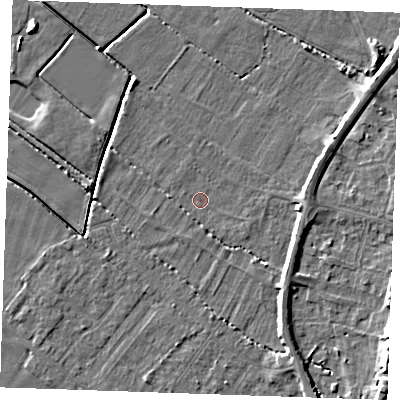 Shaded relief map of the ground around PE251QL, computed from Environment Agency LiDAR. The ground here sits at about 2 m above sea level and falls 7 m across the surrounding 800 m. Surface water reaching this point runs off ground lying to the south-east, 3.0 m higher.