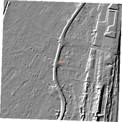 Shaded relief map of the ground around PE251QP, computed from Environment Agency LiDAR. The ground here sits at about 3 m above sea level and falls 11 m across the surrounding 800 m. Surface water reaching this point runs off ground lying to the west-south-west, 2.0 m higher.
