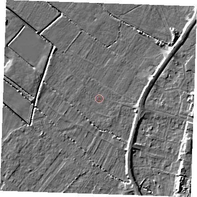 Shaded relief map of the ground around PE251QR, computed from Environment Agency LiDAR. The ground here sits at about 2 m above sea level and falls 7 m across the surrounding 800 m. Surface water reaching this point runs off ground lying to the south-east, 3.0 m higher.