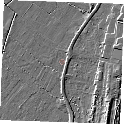 Shaded relief map of the ground around PE251QS, computed from Environment Agency LiDAR. The ground here sits at about 2 m above sea level and falls 11 m across the surrounding 800 m. Surface water reaching this point runs off ground lying to the south, 3.0 m higher.