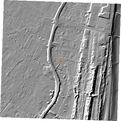 Shaded relief map of the ground around PE251QT, computed from Environment Agency LiDAR. The ground here sits at about 3 m above sea level and falls 12 m across the surrounding 800 m. Surface water reaching this point runs off ground lying to the west-south-west, 1.9 m higher.