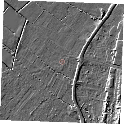 Shaded relief map of the ground around PE251QU, computed from Environment Agency LiDAR. The ground here sits at about 2 m above sea level and falls 11 m across the surrounding 800 m. Surface water reaching this point runs off ground lying to the south-south-east, 3.0 m higher.