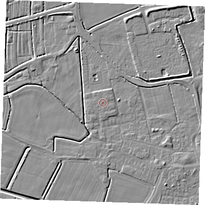 Shaded relief map of the ground around PE251QX, computed from Environment Agency LiDAR. The ground here sits at about 3 m above sea level and falls 4 m across the surrounding 800 m. The ground contributing surface water to this point lies to the north-east.