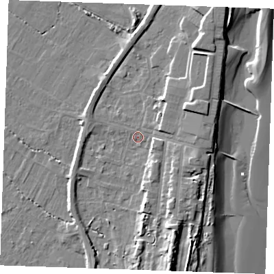 Shaded relief map of the ground around PE251QY, computed from Environment Agency LiDAR. The ground here sits at about 3 m above sea level and falls 13 m across the surrounding 800 m. Surface water reaching this point runs off ground lying to the south-south-east, 8.0 m higher.