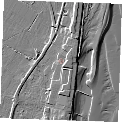 Shaded relief map of the ground around PE251QZ, computed from Environment Agency LiDAR. The ground here sits at about 6 m above sea level and falls 12 m across the surrounding 800 m. Surface water reaching this point runs off ground lying to the east-north-east, 4.1 m higher.