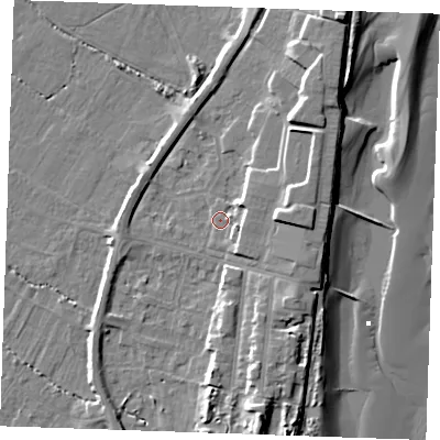 Shaded relief map of the ground around PE251RA, computed from Environment Agency LiDAR. The ground here sits at about 4 m above sea level and falls 13 m across the surrounding 800 m. Surface water reaching this point runs off ground lying to the east, 5.6 m higher.