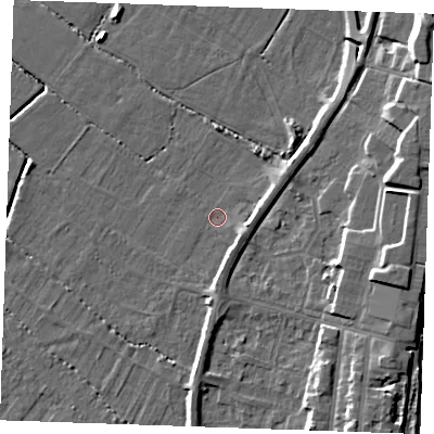 Shaded relief map of the ground around PE251RB, computed from Environment Agency LiDAR. The ground here sits at about 2 m above sea level and falls 9 m across the surrounding 800 m. Surface water reaching this point runs off ground lying to the east-south-east, 2.3 m higher.