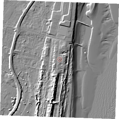 Shaded relief map of the ground around PE251RD, computed from Environment Agency LiDAR. The ground here sits at about 8 m above sea level and falls 14 m across the surrounding 800 m. Surface water reaching this point runs off ground lying to the south-south-west, 1.4 m higher.