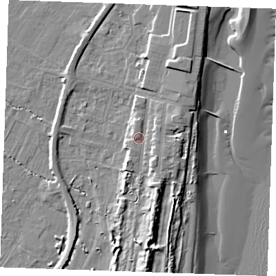 Shaded relief map of the ground around PE251RE, computed from Environment Agency LiDAR. The ground here sits at about 6 m above sea level and falls 13 m across the surrounding 800 m. Surface water reaching this point runs off ground lying to the south-south-east, 5.5 m higher.