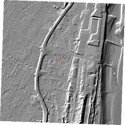 Shaded relief map of the ground around PE251RF, computed from Environment Agency LiDAR. The ground here sits at about 3 m above sea level and falls 13 m across the surrounding 800 m. Surface water reaching this point runs off ground lying to the south-south-east, 8.0 m higher.