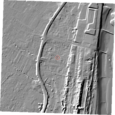 Shaded relief map of the ground around PE251RG, computed from Environment Agency LiDAR. The ground here sits at about 3 m above sea level and falls 13 m across the surrounding 800 m. Surface water reaching this point runs off ground lying to the south-east, 8.3 m higher.