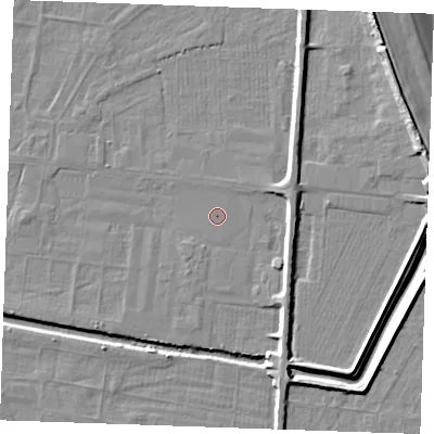 Shaded relief map of the ground around PE251RH, computed from Environment Agency LiDAR. The ground here sits at about 2 m above sea level and falls 10 m across the surrounding 800 m. The ground contributing surface water to this point lies to the south.