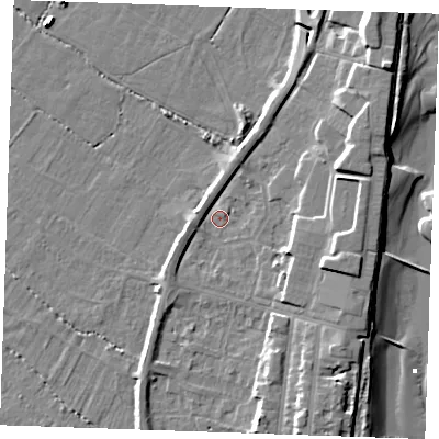 Shaded relief map of the ground around PE251RJ, computed from Environment Agency LiDAR. The ground here sits at about 3 m above sea level and falls 10 m across the surrounding 800 m. Surface water reaching this point runs off ground lying to the west, 2.0 m higher.