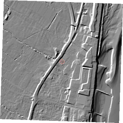 Shaded relief map of the ground around PE251RL, computed from Environment Agency LiDAR. The ground here sits at about 3 m above sea level and falls 11 m across the surrounding 800 m. Surface water reaching this point runs off ground lying to the north-east, 7.1 m higher.