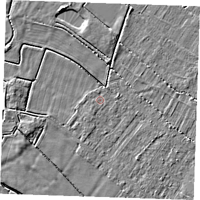 Shaded relief map of the ground around PE251RQ, computed from Environment Agency LiDAR. The ground here sits at about 2 m above sea level and falls 5 m across the surrounding 800 m. Surface water reaching this point runs off ground lying to the west-south-west, 0.6 m higher.