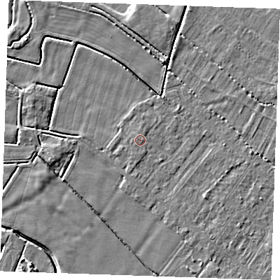 Shaded relief map of the ground around PE251RR, computed from Environment Agency LiDAR. The ground here sits at about 3 m above sea level and falls 5 m across the surrounding 800 m. The ground contributing surface water to this point lies to the south-south-west.