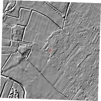 Shaded relief map of the ground around PE251RS, computed from Environment Agency LiDAR. The ground here sits at about 2 m above sea level and falls 5 m across the surrounding 800 m. Surface water reaching this point runs off ground lying to the north-north-east, 0.5 m higher.