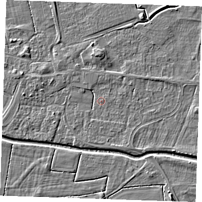 Shaded relief map of the ground around PE251RT, computed from Environment Agency LiDAR. The ground here sits at about 2 m above sea level and falls 4 m across the surrounding 800 m. Surface water reaching this point runs off ground lying to the west, 2.5 m higher.