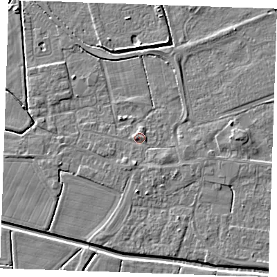 Shaded relief map of the ground around PE251RU, computed from Environment Agency LiDAR. The ground here sits at about 3 m above sea level and falls 4 m across the surrounding 800 m. Surface water reaching this point runs off ground lying to the south, 1.4 m higher.