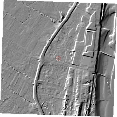 Shaded relief map of the ground around PE251RW, computed from Environment Agency LiDAR. The ground here sits at about 4 m above sea level and falls 12 m across the surrounding 800 m. The ground contributing surface water to this point lies to the west-north-west.