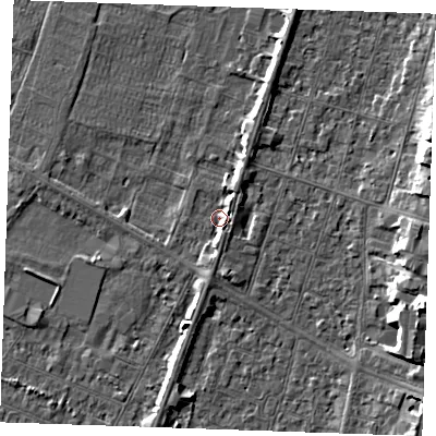 Shaded relief map of the ground around PE251RY, computed from Environment Agency LiDAR. The ground here sits at about 2 m above sea level and falls 8 m across the surrounding 800 m. Surface water reaching this point runs off ground lying to the south-south-east, 2.2 m higher.