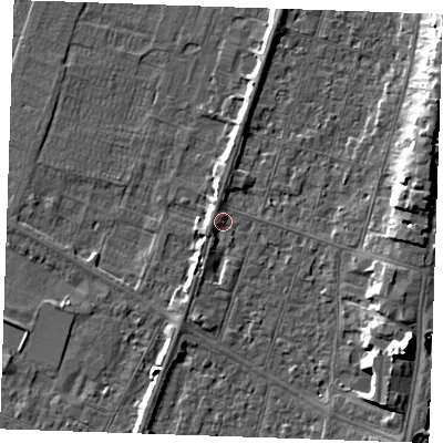 Shaded relief map of the ground around PE251RZ, computed from Environment Agency LiDAR. The ground here sits at about 4 m above sea level and falls 9 m across the surrounding 800 m. Surface water reaching this point runs off ground lying to the west-south-west, 1.3 m higher.