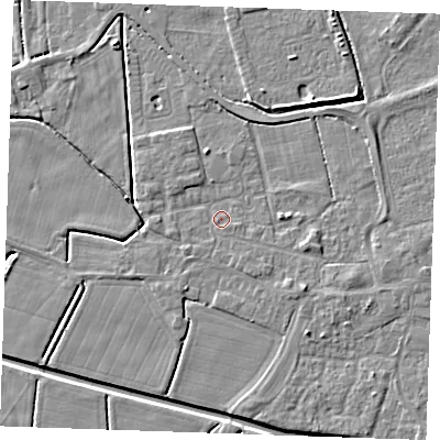 Shaded relief map of the ground around PE251SB, computed from Environment Agency LiDAR. The ground here sits at about 2 m above sea level and falls 4 m across the surrounding 800 m. Surface water reaching this point runs off ground lying to the south-east, 2.2 m higher.