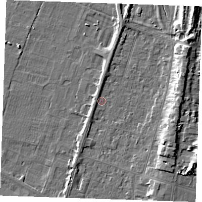 Shaded relief map of the ground around PE251SF, computed from Environment Agency LiDAR. The ground here sits at about 3 m above sea level and falls 9 m across the surrounding 800 m. Surface water reaching this point runs off ground lying to the west-south-west, 1.9 m higher.