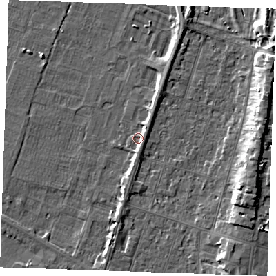 Shaded relief map of the ground around PE251SG, computed from Environment Agency LiDAR. The ground here sits at about 2 m above sea level and falls 8 m across the surrounding 800 m. Surface water reaching this point runs off ground lying to the north-east, 2.6 m higher.
