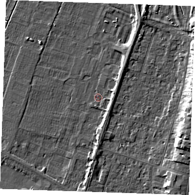 Shaded relief map of the ground around PE251SH, computed from Environment Agency LiDAR. The ground here sits at about 2 m above sea level and falls 7 m across the surrounding 800 m. Surface water reaching this point runs off ground lying to the east-north-east, 2.7 m higher.