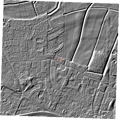 Shaded relief map of the ground around PE251SP, computed from Environment Agency LiDAR. The ground here sits at about 2 m above sea level and falls 3 m across the surrounding 800 m. Surface water reaching this point runs off ground lying to the west-south-west, 1.4 m higher.