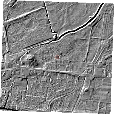 Shaded relief map of the ground around PE251SR, computed from Environment Agency LiDAR. The ground here sits at about 2 m above sea level and falls 4 m across the surrounding 800 m. Surface water reaching this point runs off ground lying to the north-east, 0.6 m higher.