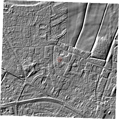 Shaded relief map of the ground around PE251SS, computed from Environment Agency LiDAR. The ground here sits at about 3 m above sea level and falls 3 m across the surrounding 800 m. The ground contributing surface water to this point lies to the south-south-west.