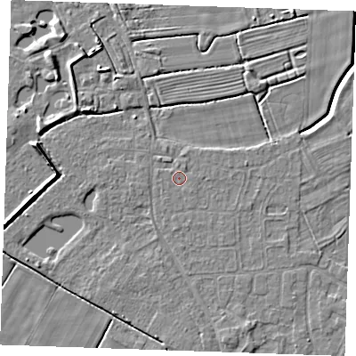 Shaded relief map of the ground around PE251TA, computed from Environment Agency LiDAR. The ground here sits at about 2 m above sea level and falls 6 m across the surrounding 800 m. The ground contributing surface water to this point lies to the west-north-west.