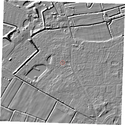Shaded relief map of the ground around PE251TB, computed from Environment Agency LiDAR. The ground here sits at about 2 m above sea level and falls 5 m across the surrounding 800 m. Surface water reaching this point runs off ground lying to the north-north-east, 0.8 m higher.