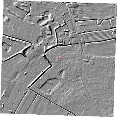 Shaded relief map of the ground around PE251TD, computed from Environment Agency LiDAR. The ground here sits at about 2 m above sea level and falls 5 m across the surrounding 800 m. The ground contributing surface water to this point lies to the south.