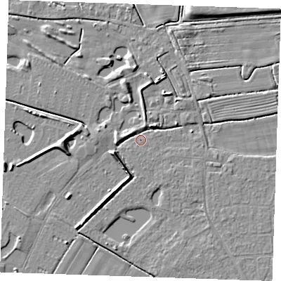 Shaded relief map of the ground around PE251TE, computed from Environment Agency LiDAR. The ground here sits at about 2 m above sea level and falls 5 m across the surrounding 800 m. Surface water reaching this point runs off ground lying to the west-south-west, 4.3 m higher.