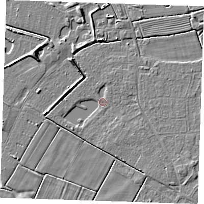 Shaded relief map of the ground around PE251TF, computed from Environment Agency LiDAR. The ground here sits at about 2 m above sea level and falls 5 m across the surrounding 800 m. Surface water reaching this point runs off ground lying to the south-west, 1.7 m higher.