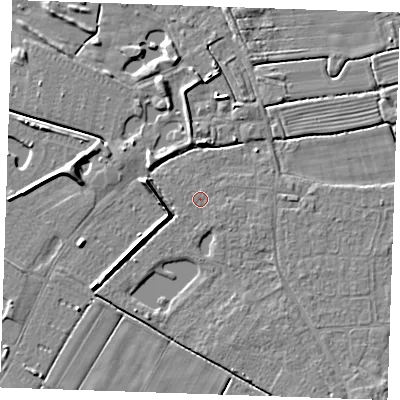 Shaded relief map of the ground around PE251TG, computed from Environment Agency LiDAR. The ground here sits at about 2 m above sea level and falls 5 m across the surrounding 800 m. Surface water reaching this point runs off ground lying to the east-south-east, 0.6 m higher.