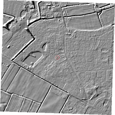 Shaded relief map of the ground around PE251TN, computed from Environment Agency LiDAR. The ground here sits at about 2 m above sea level and falls 6 m across the surrounding 800 m. Surface water reaching this point runs off ground lying to the south-east, 1.5 m higher.
