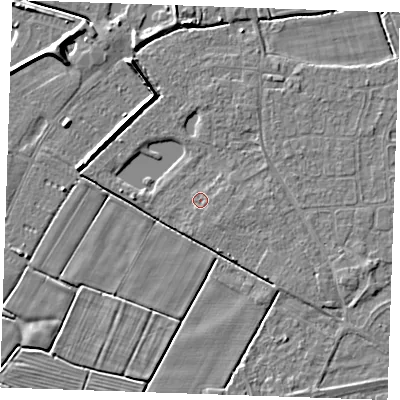Shaded relief map of the ground around PE251TP, computed from Environment Agency LiDAR. The ground here sits at about 2 m above sea level and falls 5 m across the surrounding 800 m. Surface water reaching this point runs off ground lying to the east-south-east, 0.6 m higher.