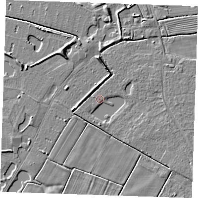 Shaded relief map of the ground around PE251TQ, computed from Environment Agency LiDAR. The ground here sits at about 2 m above sea level and falls 5 m across the surrounding 800 m. Surface water reaching this point runs off ground lying to the south, 1.7 m higher.